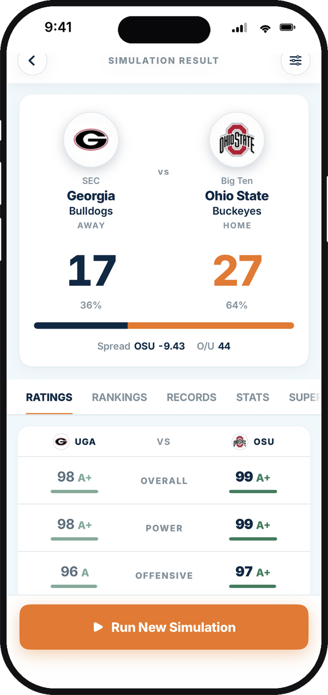 Versus app simulating Georgia against Ohio State, with the projected score and team ratings