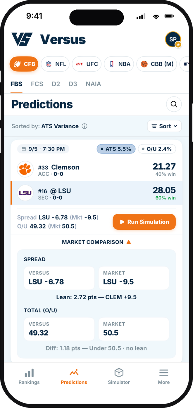 Versus app comparing its projected spread and total against the sportsbook line